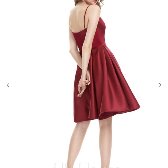 Burgundy A-line V-Neck Knee-Length Satin Dress from JJ's House - Picture 2 of 6